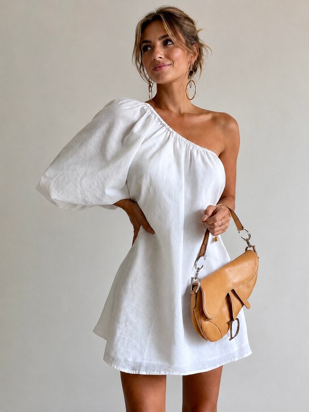 Commense Aegean Cotton Linen Minimalist Resort One Sleeve Short Dress White M